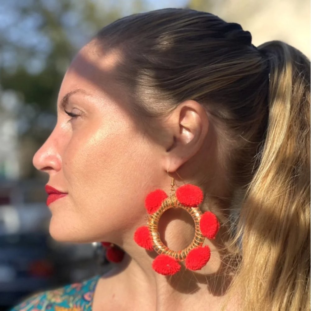 BoBo Global Alexia Pom Pom Hoop Drop Statement Earrings - Red/Gold
